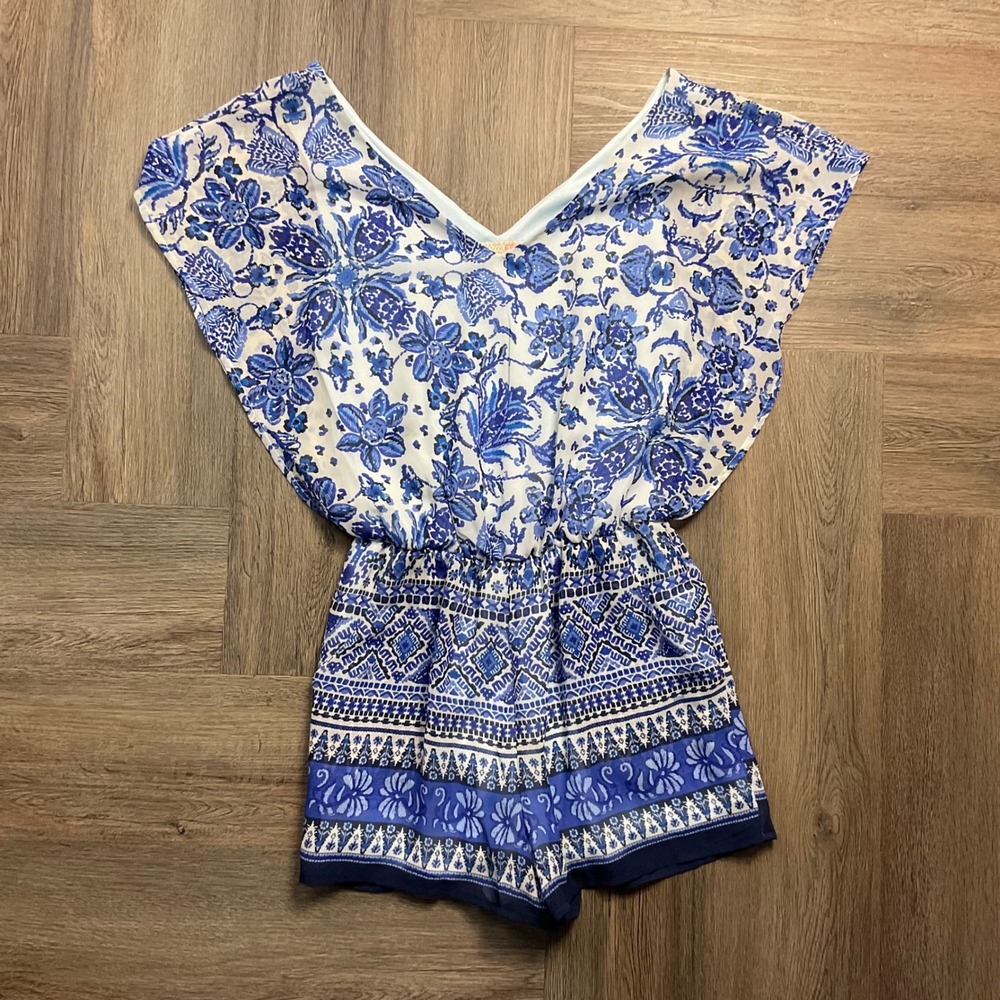 GB Floral Flutter Sleeve Chiffon Boho Indie Romper Womens XS Blue White Italy